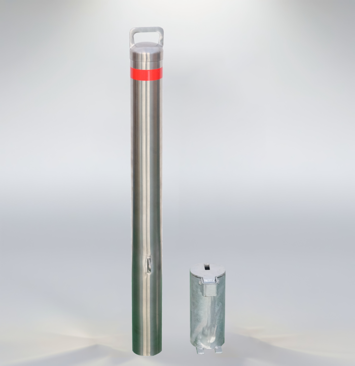 Stainless steel pad-lock removable bollard with reflective strip for high visibility and secure access control.