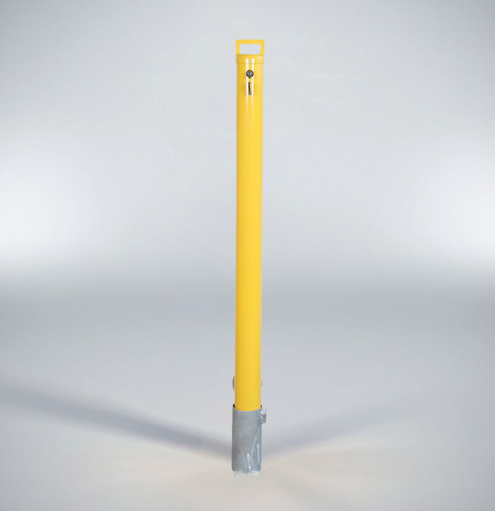 Front view of removable automatic locking bollard, Ø89mm x 960mm yellow steel security post for parking lot access.