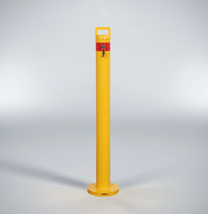Front view of surface-mounted removable yellow bollard with keylock, red reflective band, and dome top.