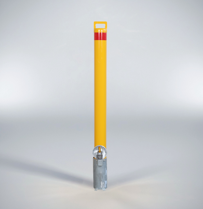 Carbon steel pad-lock removable bollard with reflective tape and separate sleeve base for secure and visible access control.