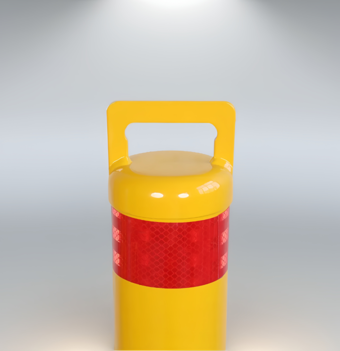 Carbon steel pad-lock removable bollard with reflective strip for enhanced visibility and secure access.