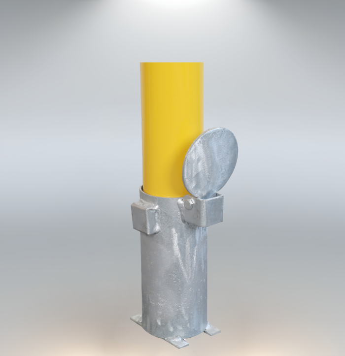 Close-up of galvanized ground sleeve for removable bollard, ensuring easy installation and stability.