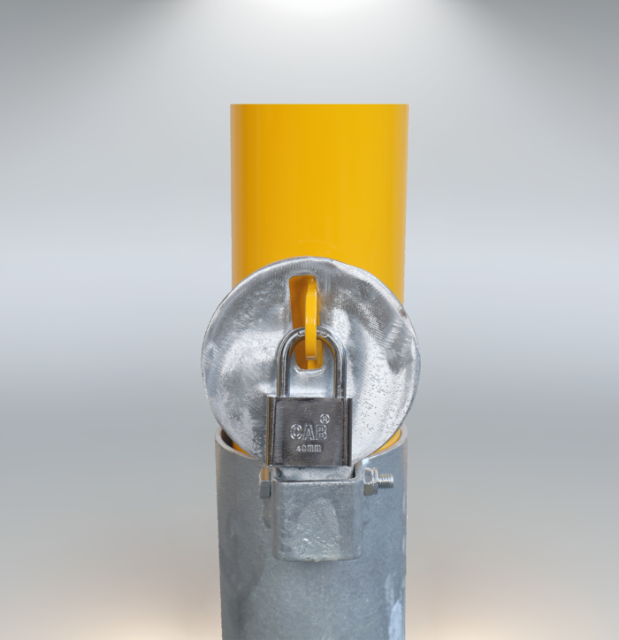 Yellow carbon steel pad-lock removable bollard with reflective strip for high visibility and secure access control.