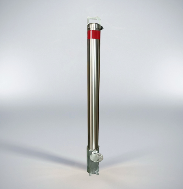 Full view of stainless steel removable bollard with reflective tape, designed for night visibility and traffic safety.