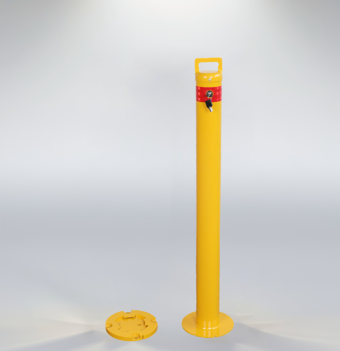 Front view of surface-mounted removable bollard with separate flange base and secure keylock system, twist key mechanism for easy lifting.
