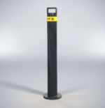 Front view of black powder-coated surface-mounted removable bollard with separate flange base and secure keylock system, twist key mechanism for removal.