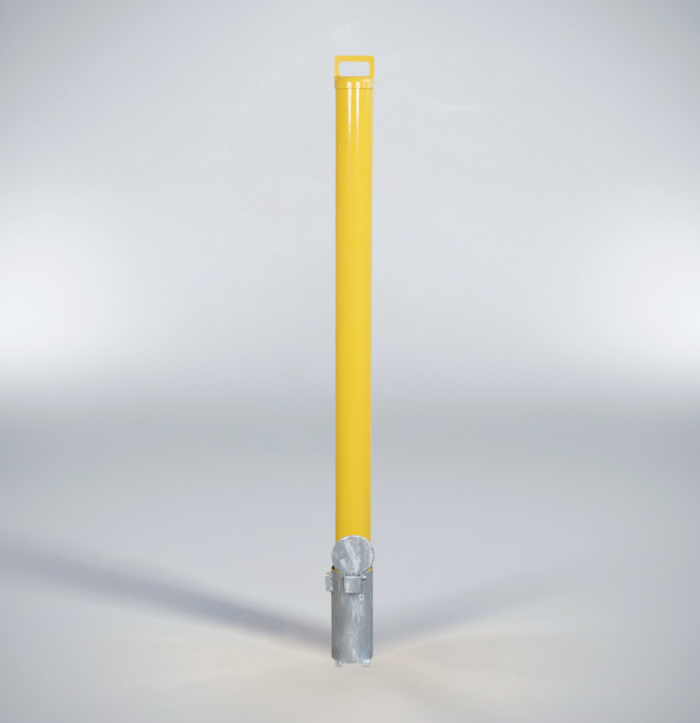 Back View of Removable Automatic Locking Bollard - Ø89mm x 960mm Yellow Steel Post for Parking and Traffic Security.