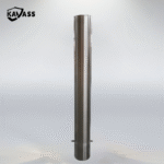 Single-piece view of 316 polished underground stainless steel bollard in warehouse setting.