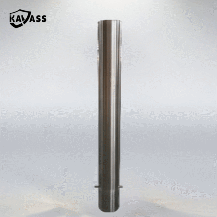 Single-piece view of 316 polished underground stainless steel bollard in warehouse setting.