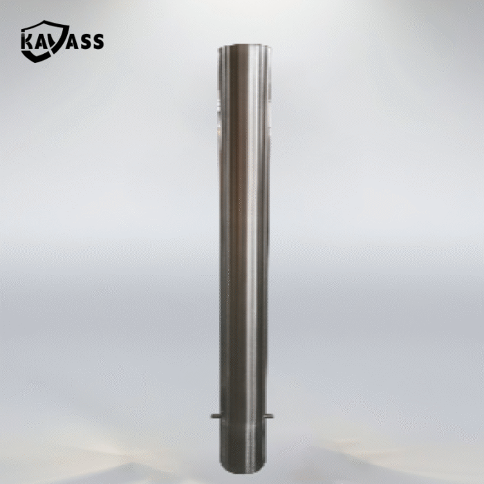 Single-piece view of 316 polished underground stainless steel bollard in warehouse setting.