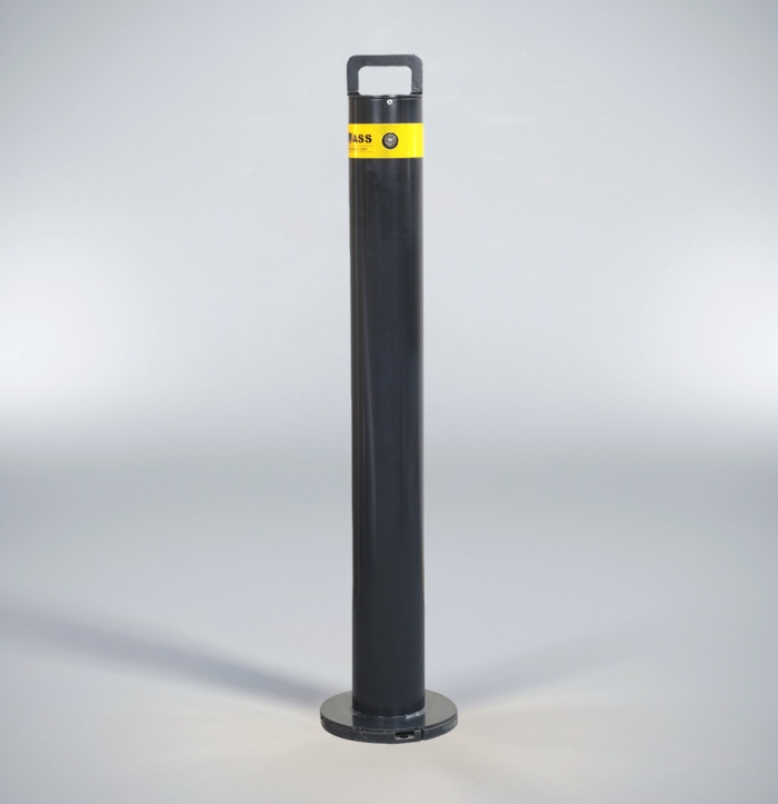 Front view of black powder-coated surface-mounted removable bollard with separate flange base and secure keylock system, twist key mechanism for removal.