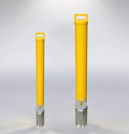 Removable pad-lock bollards with carbon steel body and security lock system, optional stainless steel material, shown for access control applications.