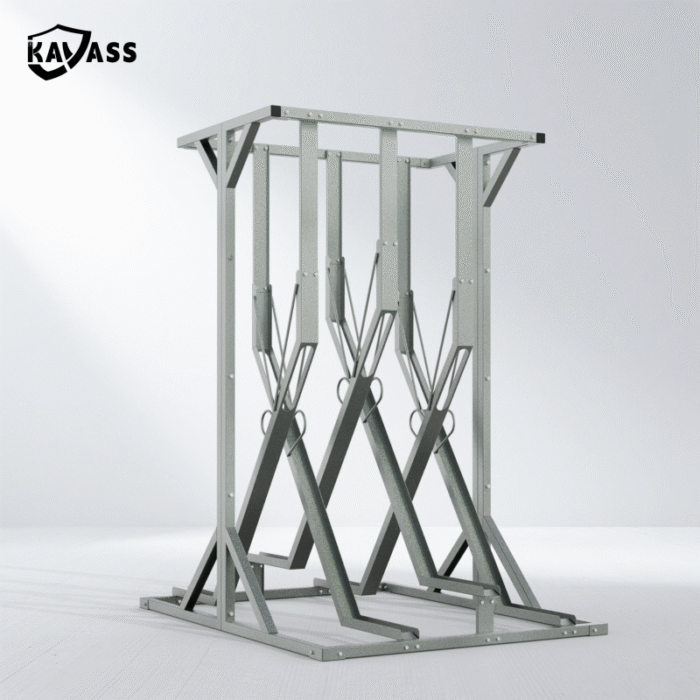 Durable KAVASS X-shaped semi-vertical bike storage rack, 6-bike capacity for space-saving parking.