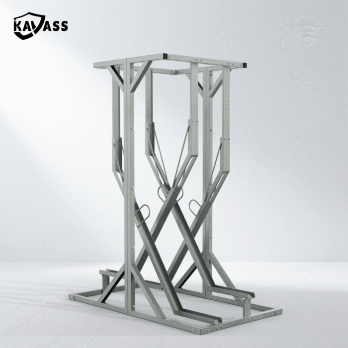 Compact KAVASS X-style semi-vertical bicycle stand, 4-slot rack ideal for residential or small projects.