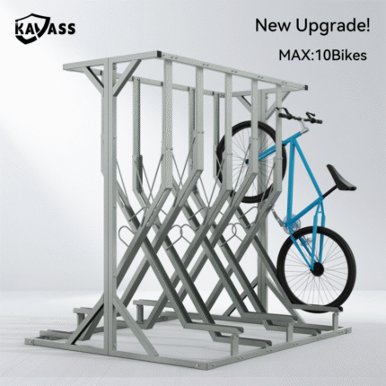KAVASS upgraded X-shaped semi-vertical bike rack, 10-slot capacity, commercial bicycle parking solution.