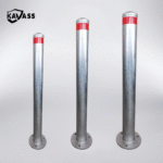 Size comparison of hot dip galvanized surface mounted bollards in 89mm, 114mm, and 140mm diameters.