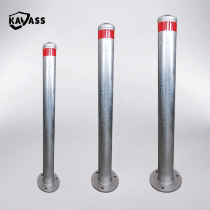 Size comparison of hot dip galvanized surface mounted bollards in 89mm, 114mm, and 140mm diameters.