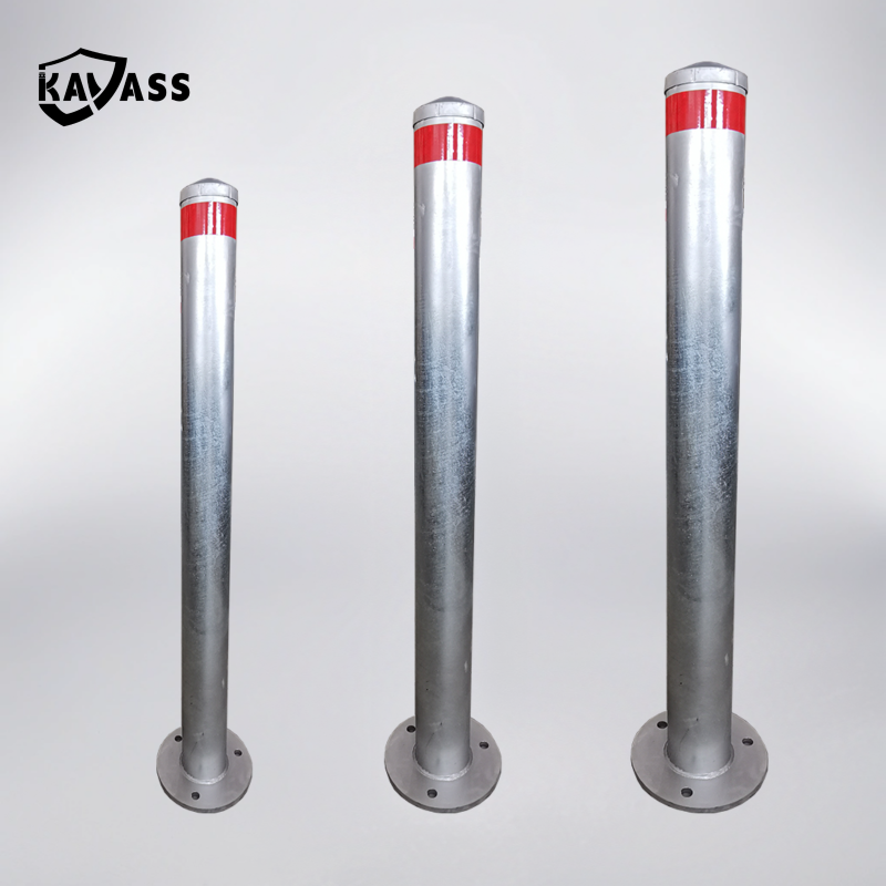 Size comparison of hot dip galvanized surface mounted bollards in 89mm, 114mm, and 140mm diameters.
