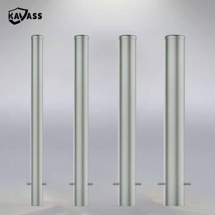 Comparison of hot-dip galvanized in-ground fixed bollards with different diameters (89mm, 114mm, 140mm, 165mm).