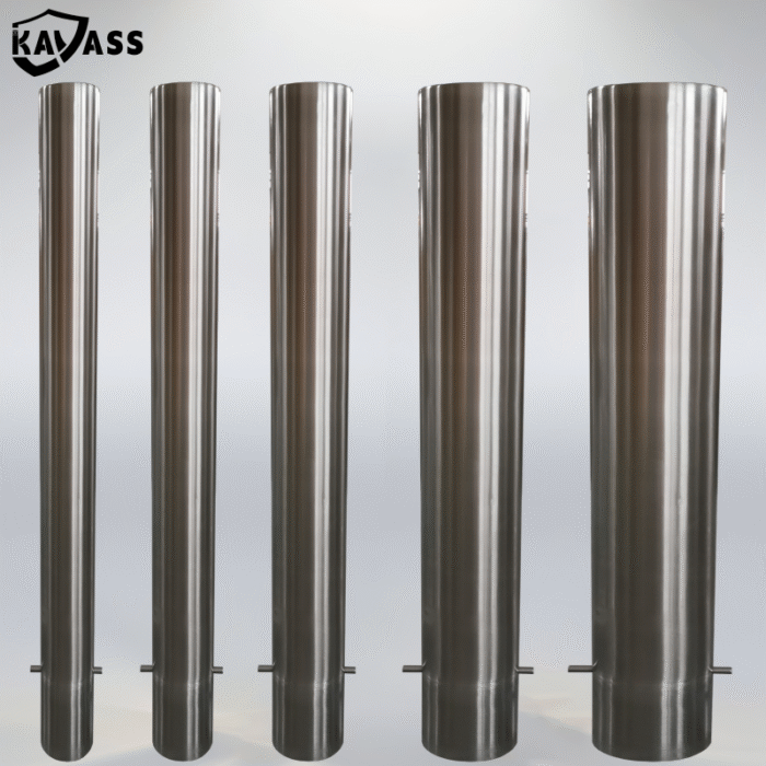 Multiple diameter comparison of 316 polished inground fixed bollards – 89mm, 114mm, 140mm, 168mm, 220mm.