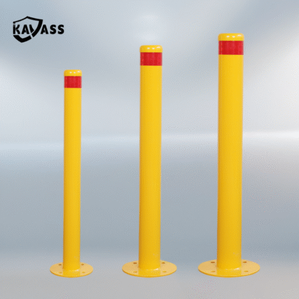Comparison of KAVASS yellow Surface Mounted Fixed Bollards in various heights and diameters (89mm, 114mm, 140mm).