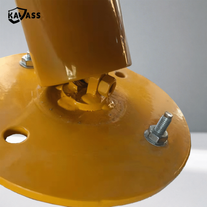 Side view of yellow rebound bollard flange and anchor bolt installation details.