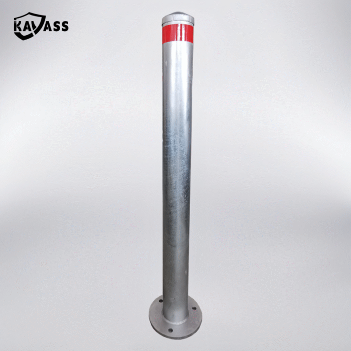 Full view of hot dip galvanized surface mounted bollard for traffic safety applications.