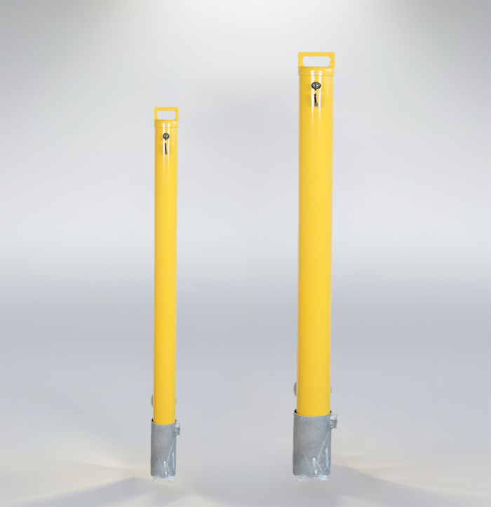 Auto in-ground keylock removable bollards, yellow steel safety posts for parking and traffic control.