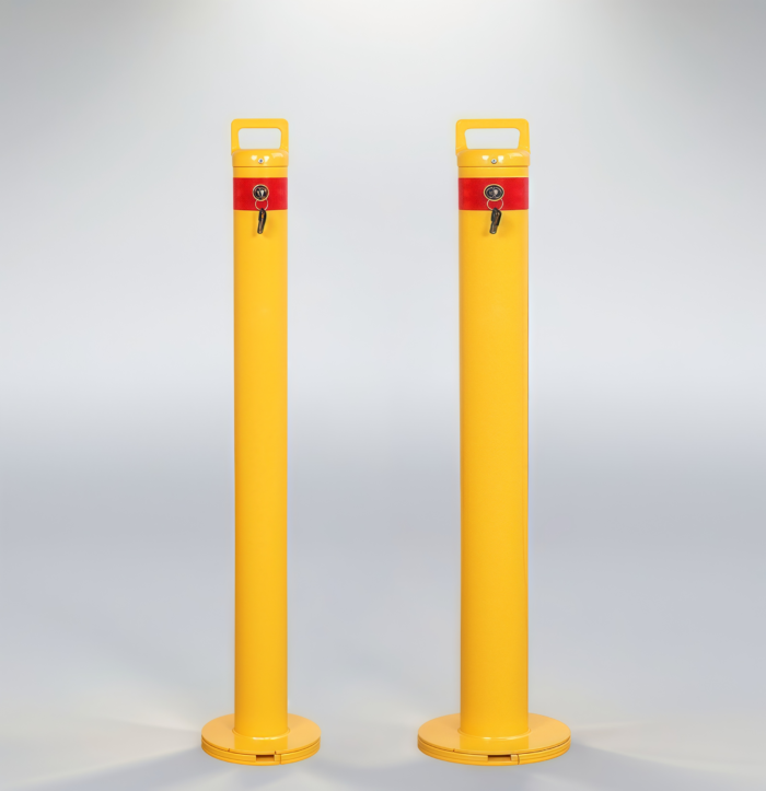 Front view of key-lock removable bollards with surface-mounted design, available in black and yellow colors. Featuring red reflective band, dome tops (89mm & 140mm), made of carbon steel or stainless steel, weather-resistant for residential, commercial, or retail areas.