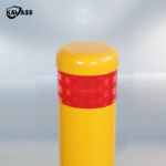 Close-up of red reflective stripe on top of yellow KAVASS Surface-Mounted Fixed Bollard.