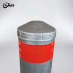 Top detail of galvanized surface mounted bollard with red reflective strip for parking visibility.