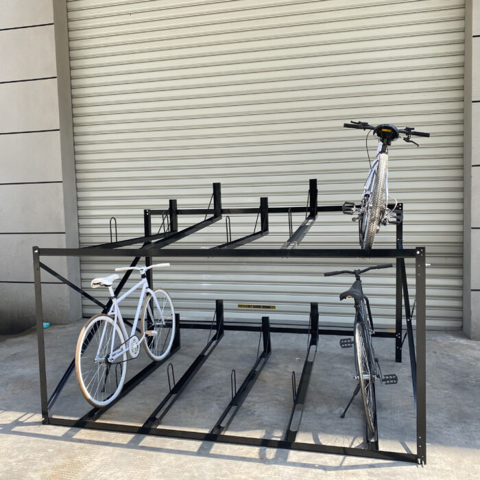Fixed black two-tier bike rack for 10 bicycles, designed without gas assist, suitable for outdoor or public space installation.