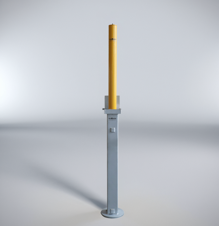 Manual carbon steel retractable bollard designed for parking security and pedestrian access control in commercial settings.