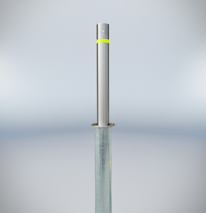114mm diameter stainless steel telescopic bollard with Bridge-type Handle and Simple Lifting mechanism, 316SS material, featuring a yellow warning ring on the column body, front view for industrial use.