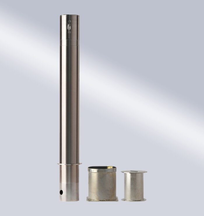 Stainless steel 114-type bridge-handle underground lock movable bollard, showing main body with visible accessories for area access control.