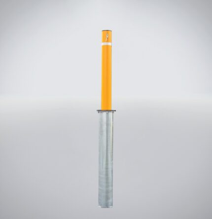 114 mm Telescopic Bollard - Keylock with bridge handle, 600mm height, orange post and silver base, suitable for site protection and access control.