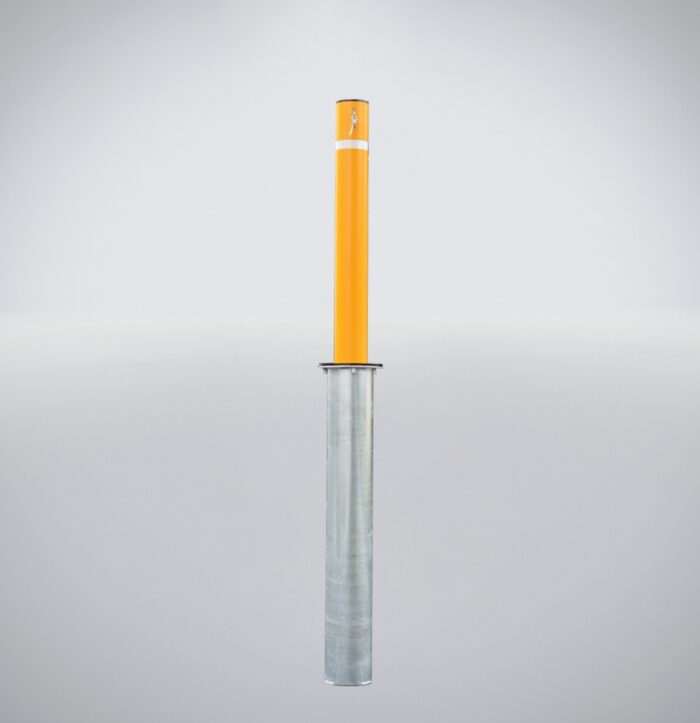 114 mm Telescopic Bollard - Keylock with bridge handle, 600mm height, orange post and silver base, suitable for site protection and access control.