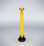 Yellow fold down bollard with black base and powder-coated surface, designed for parking lot security and vehicle access control.
