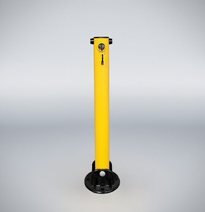 Yellow fold down bollard with black base and powder-coated surface, designed for parking lot security and vehicle access control.