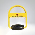 Solar-powered remote parking lock with yellow body, 'NO PARKING' text and symbol, and solar panel on black base; front-facing view.