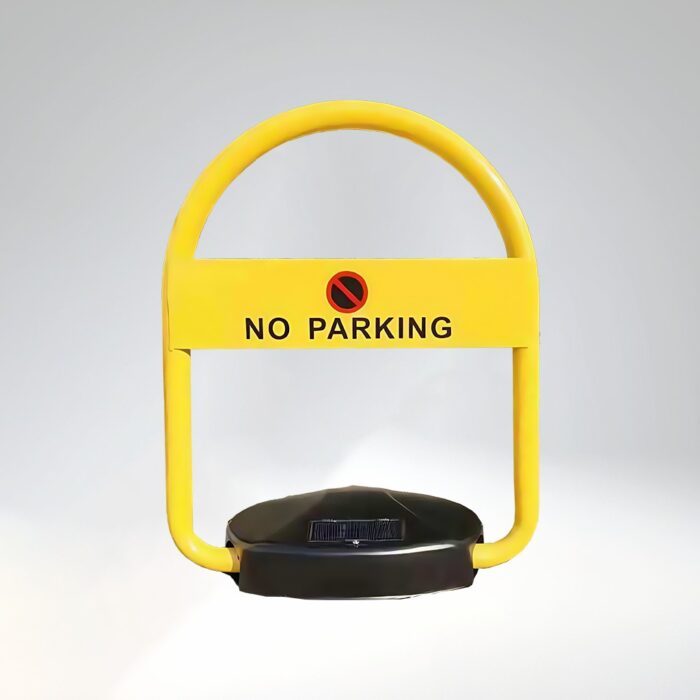 Solar-powered remote parking lock with yellow body, 'NO PARKING' text and symbol, and solar panel on black base; front-facing view.