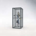 Blue bicycle parked and locked inside a storage mesh locker with gray mesh panels and yellow fixing components.