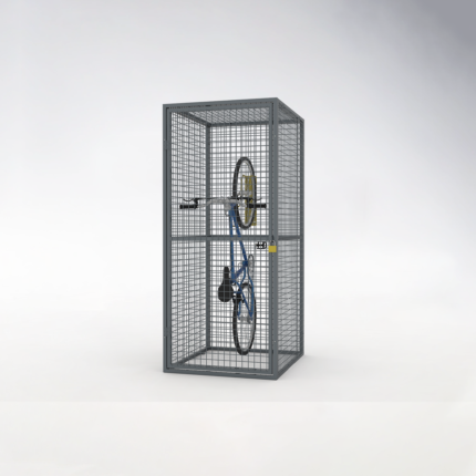 Blue bicycle parked and locked inside a storage mesh locker with gray mesh panels and yellow fixing components.