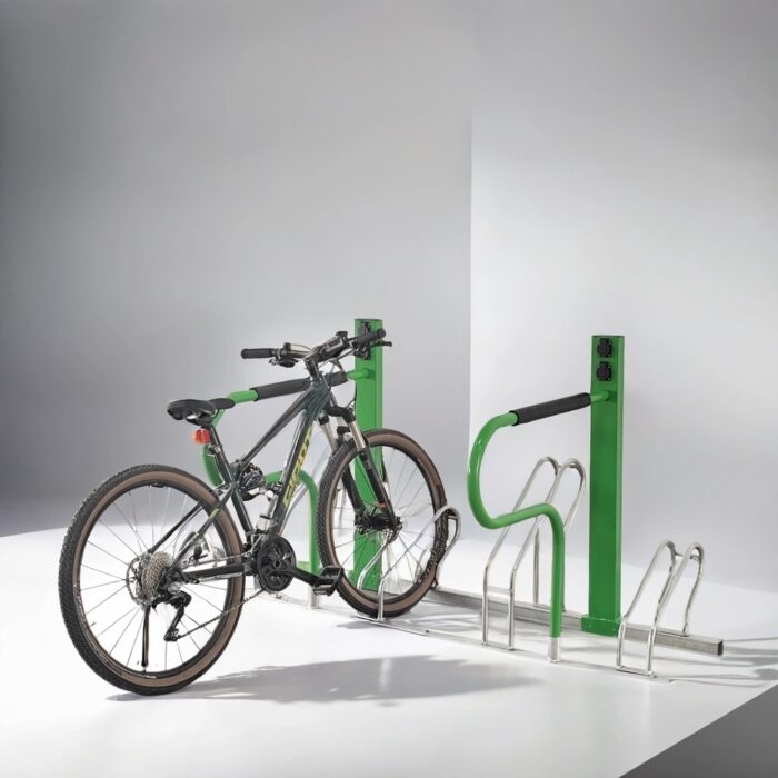 An electric bicycle parked on a green e-bike parking rack, showing real-world use and structural stability.