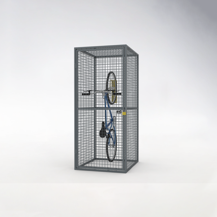 Blue bicycle parked and locked inside a storage mesh locker with gray mesh panels and yellow fixing components.