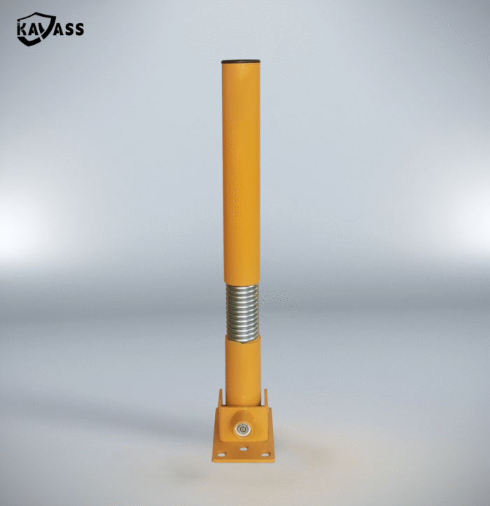 Spring-loaded 60 bollard in upright position, yellow crash-resistant post with red reflective tape, designed for traffic control and parking lot safety.
