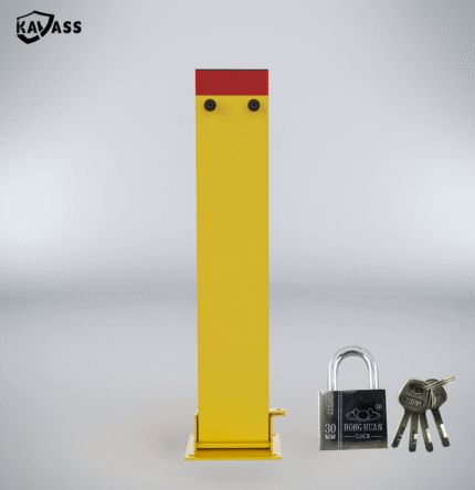Front view of yellow square manual folding bollard with red reflective strip and KAVASS logo, used for driveway entry protection.