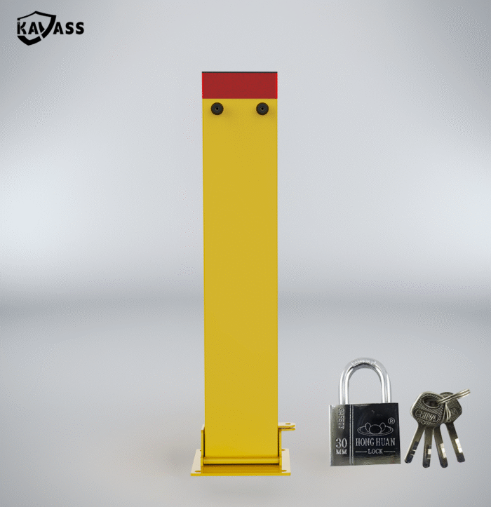 Front view of yellow square manual folding bollard with red reflective strip and KAVASS logo, used for driveway entry protection.