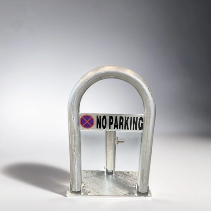 Front view of hot-dip galvanized fold-down parking bollard made of carbon steel, featuring a visible 'NO PARKING' sign to deter vehicle entry.