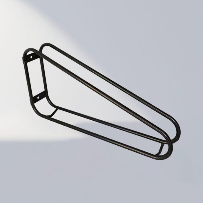 Single black triangular wall-mounted bike rack, suitable for home, office, or indoor spaces, allowing convenient wall-mounted bicycle storage.
